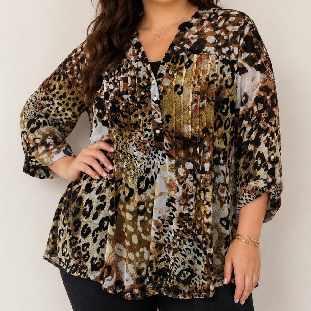 Cocomo Woman 1X Animal Print Mesh Overlay Tunic Blouse Roll Tab Sleeve Plus
